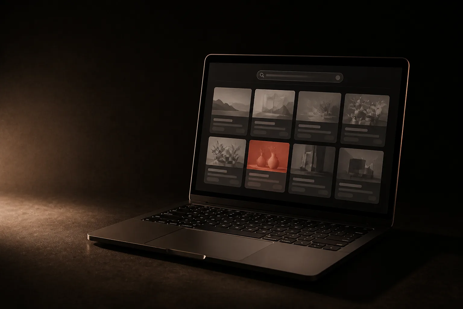 Laptop que muestra una galería de anuncios en grilla bajo una barra de búsqueda; una de las tarjetas es terracota