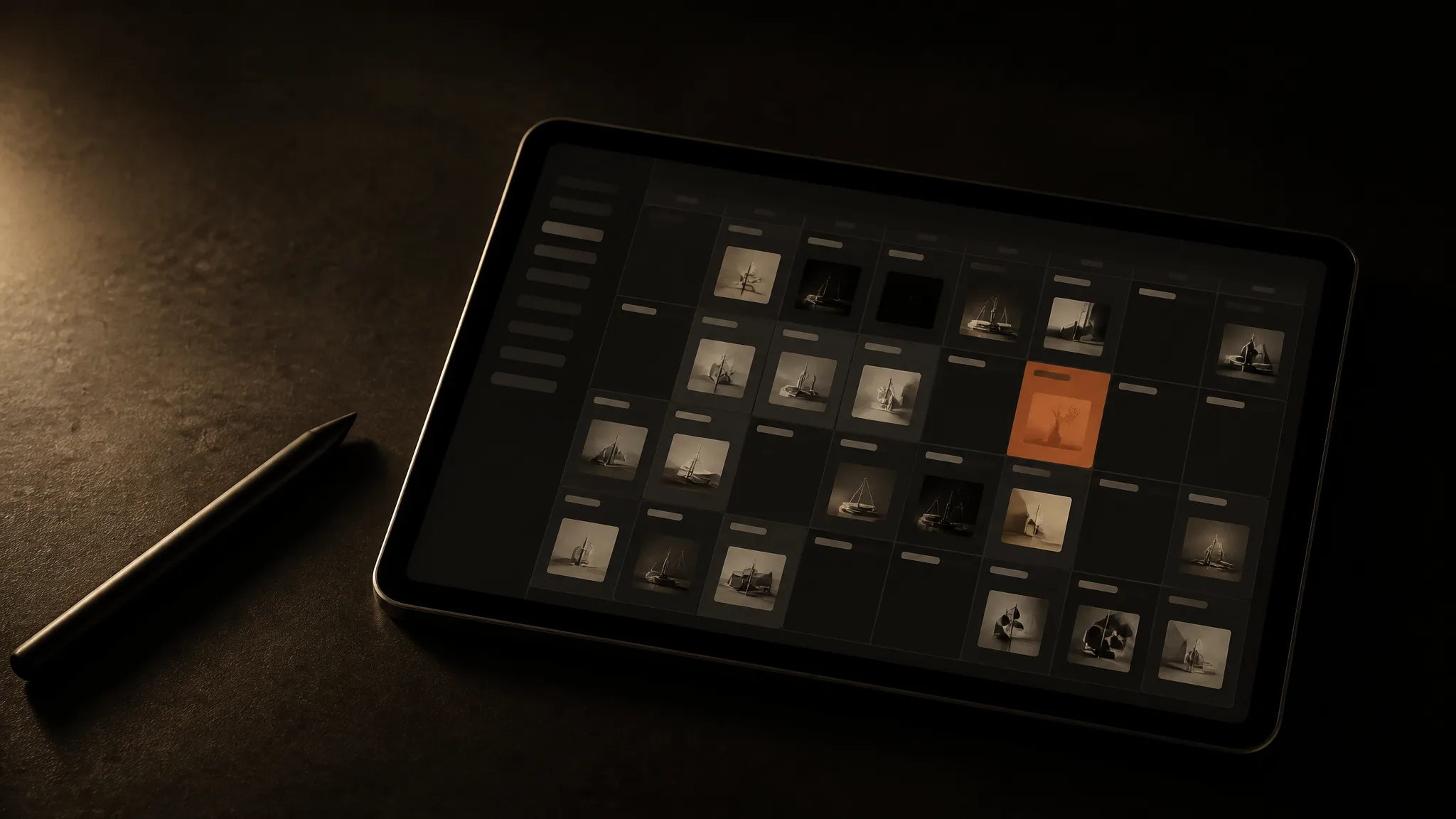 Tablet con un calendario mensual de publicaciones en miniaturas; una de las fechas está marcada en terracota, con un lápiz digital al lado