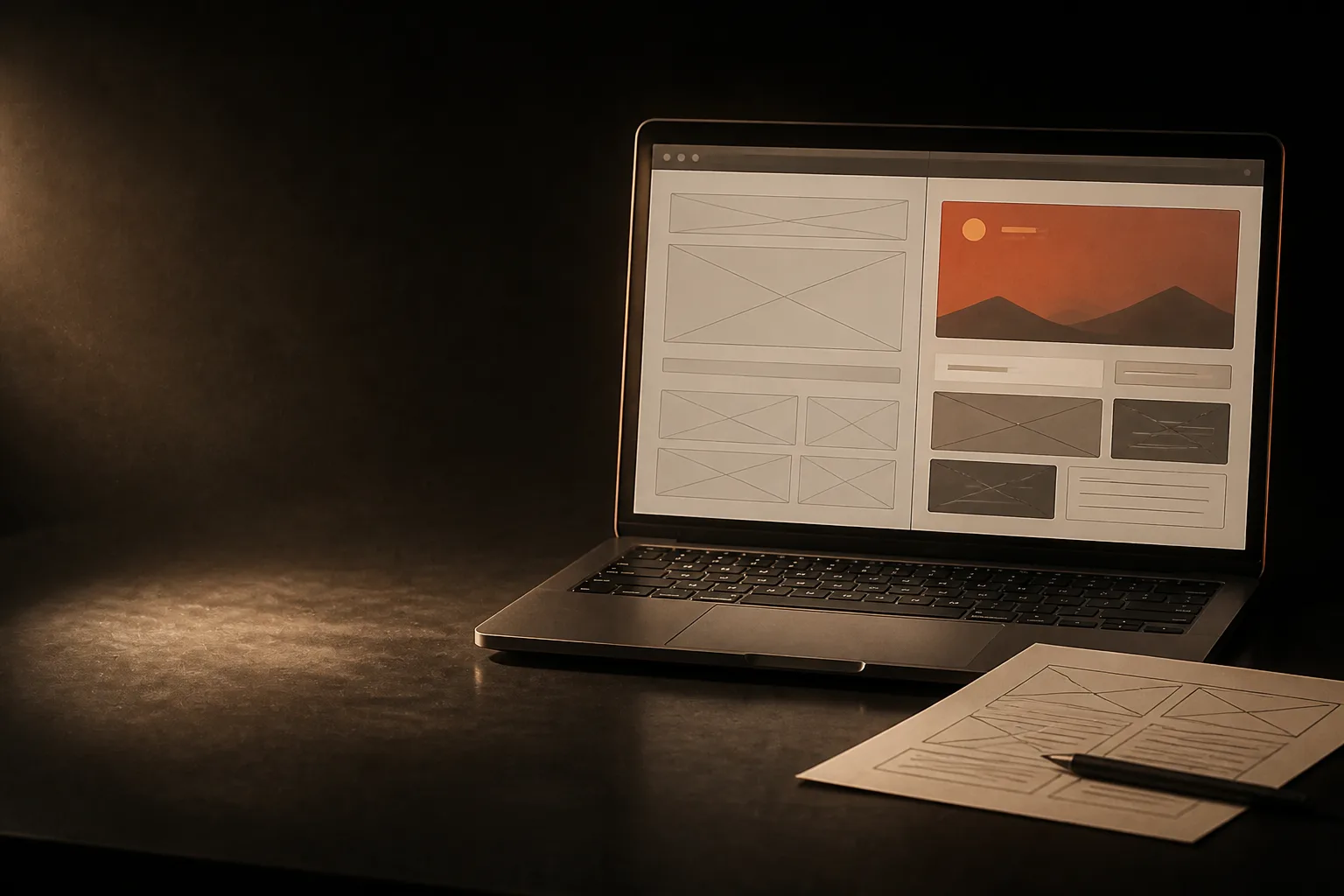 Laptop con una página web a medio construir: la mitad izquierda en cajas grises de esquema y la mitad derecha terminada, con el bloque principal en terracota