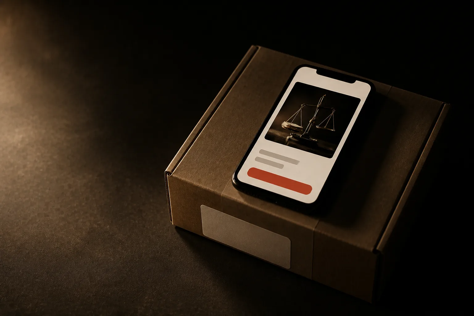 Teléfono con la ficha de un producto y un botón de compra terracota, apoyado sobre una caja de envío de cartón cerrada con cinta