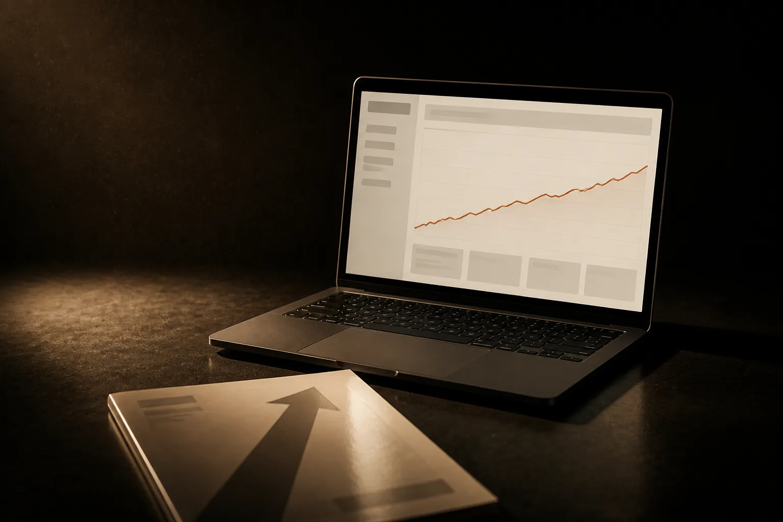 Laptop con un gráfico de visitas que sube de a poco en terracota, junto a un folleto brillante con una flecha enorme que sube en vertical