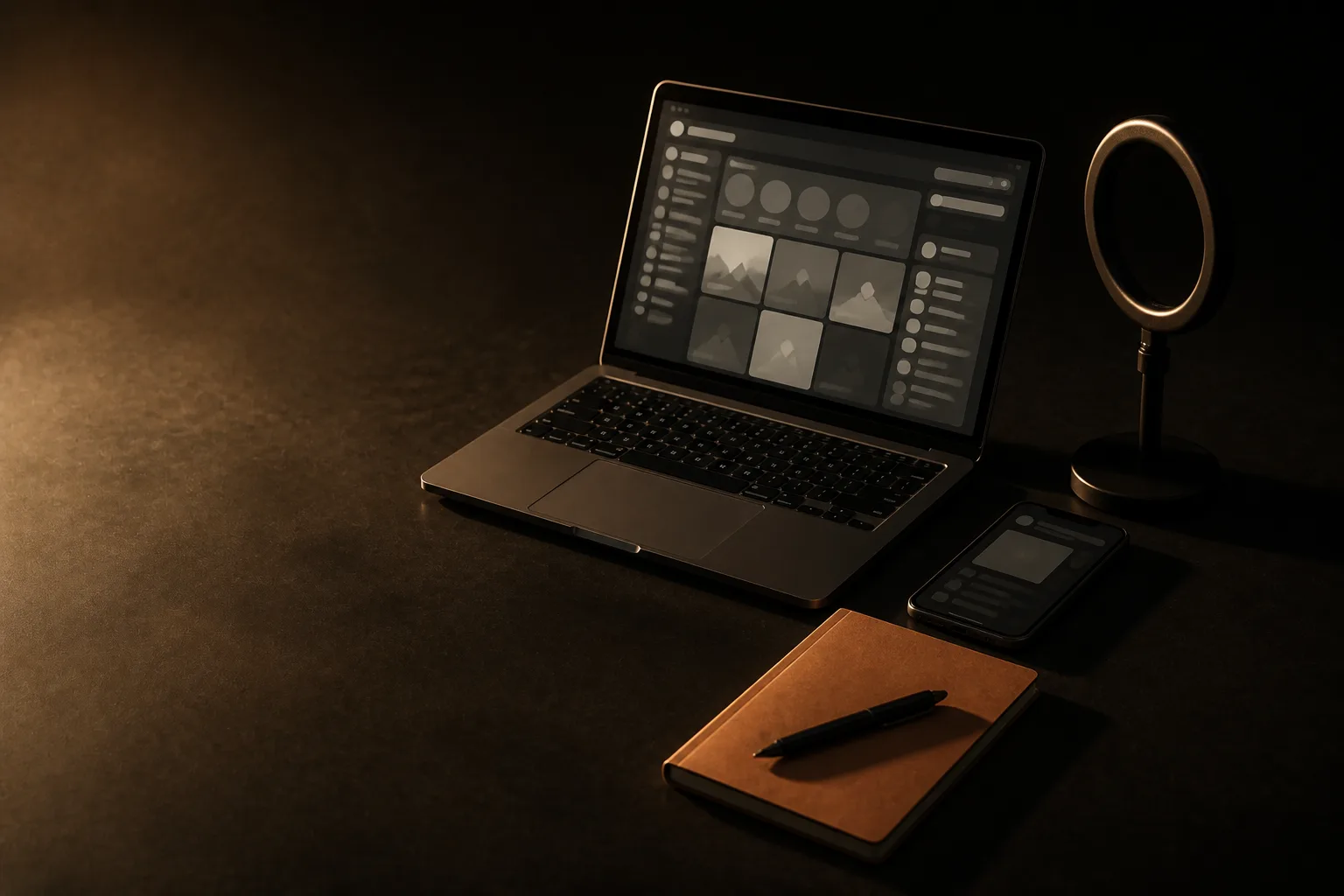 Kit de trabajo de community manager sobre un escritorio: teléfono, aro de luz chico, cuaderno terracota y laptop con una grilla de publicaciones