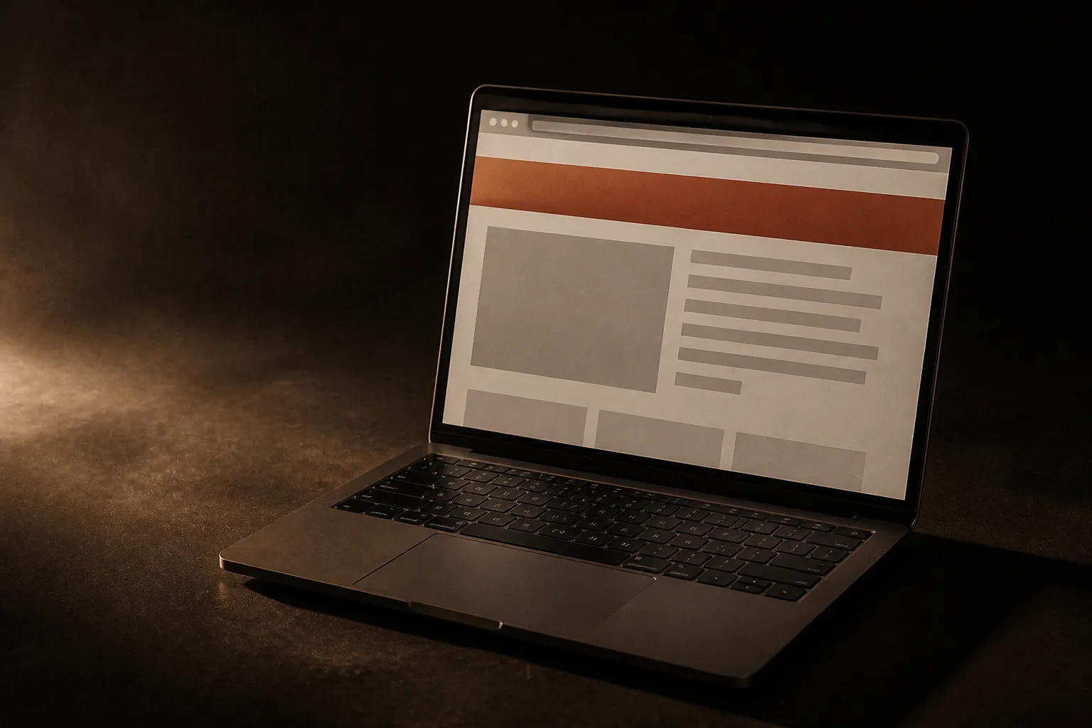Laptop con una página web gratuita que tiene una franja terracota de la plataforma fija arriba y una dirección larga en la barra del navegador