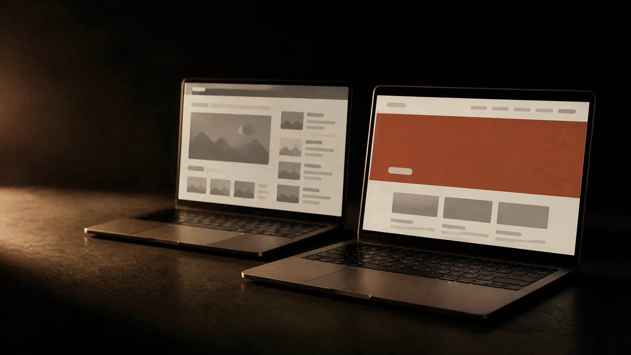 Dos laptops lado a lado: una con una página de plantilla y una franja de la plataforma, la otra con un sitio propio limpio y su bloque principal en terracota