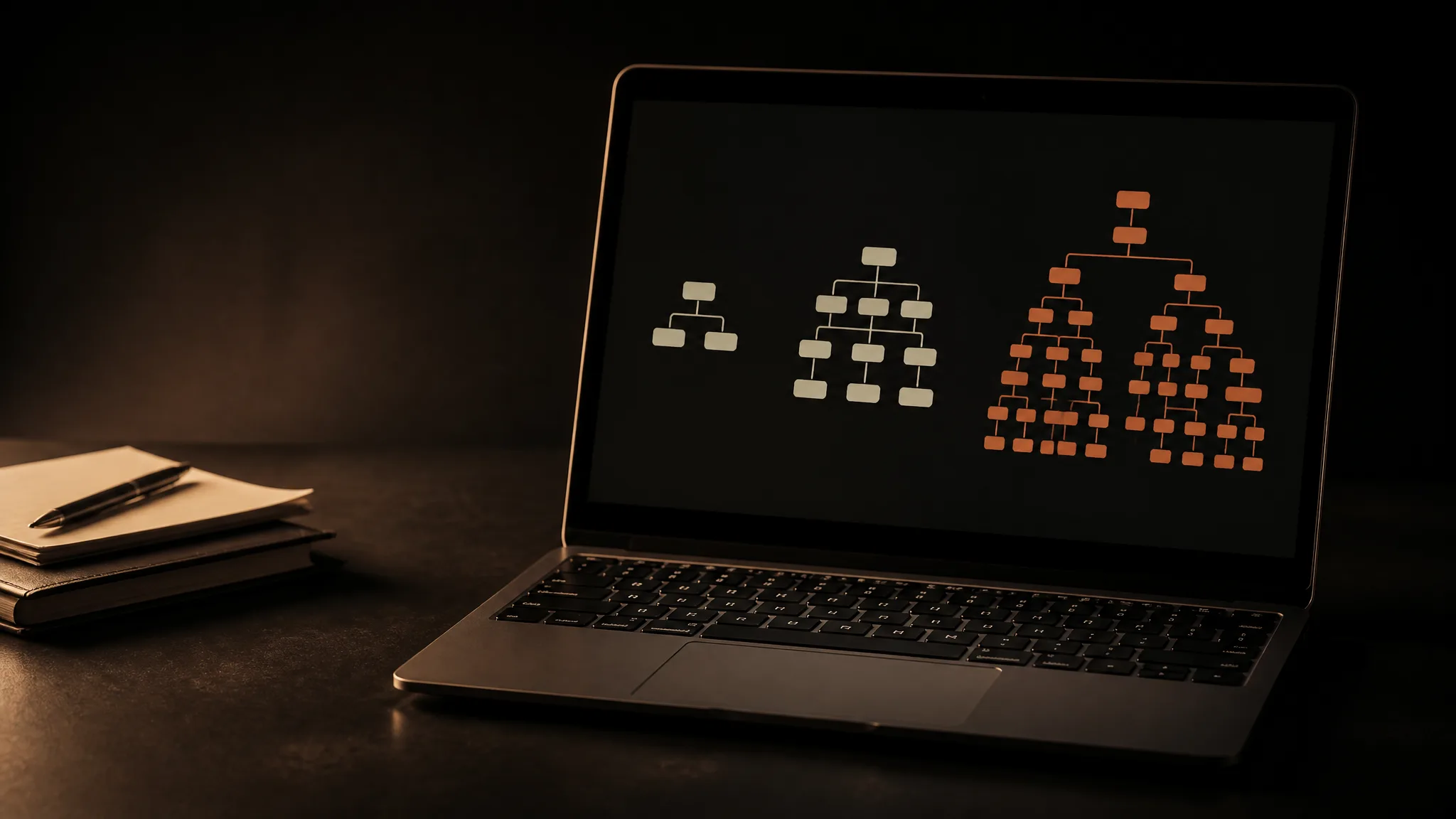 Laptop con tres mapas de sitio de distinto tamaño, de pocos a muchos nodos; el más grande está en terracota