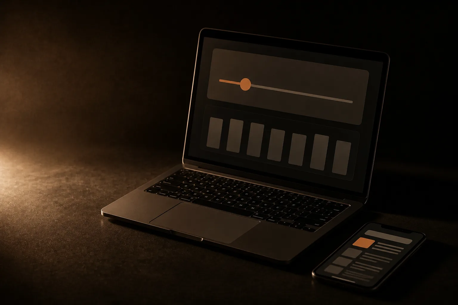 Laptop con un control deslizante de presupuesto diario con la perilla terracota y un gráfico de barras de gasto por día