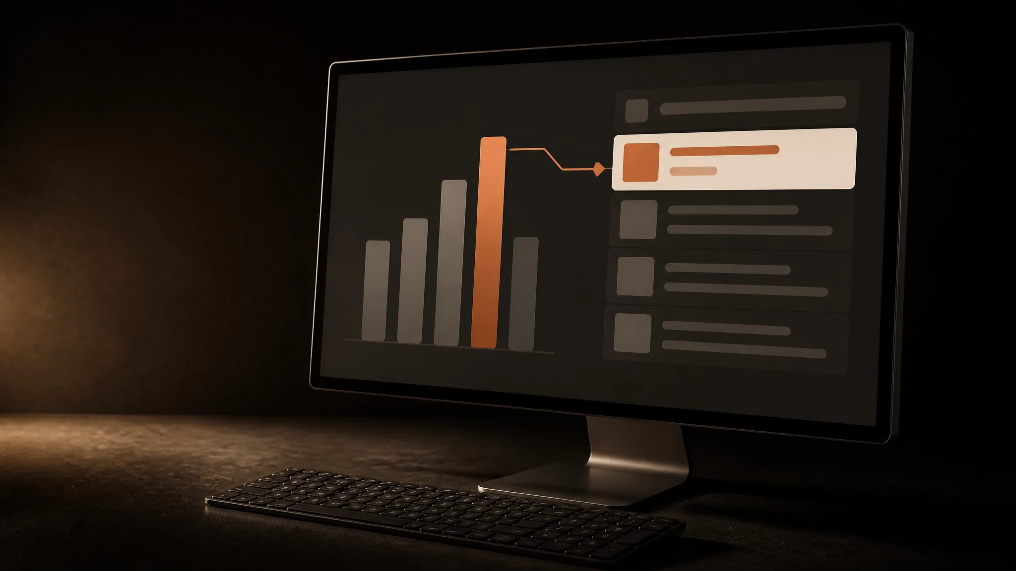 Monitor con un gráfico de barras de ofertas que compiten; la barra terracota es la más alta y lleva al primer lugar de una lista de resultados