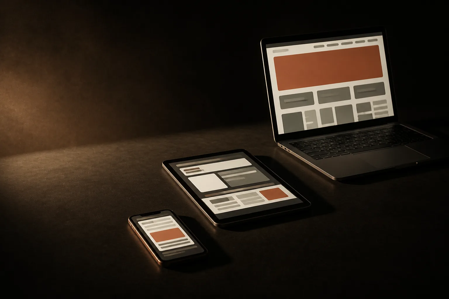 Teléfono, tablet y laptop en escalera, cada uno con una página web de distinta complejidad; la de la laptop tiene el bloque principal terracota