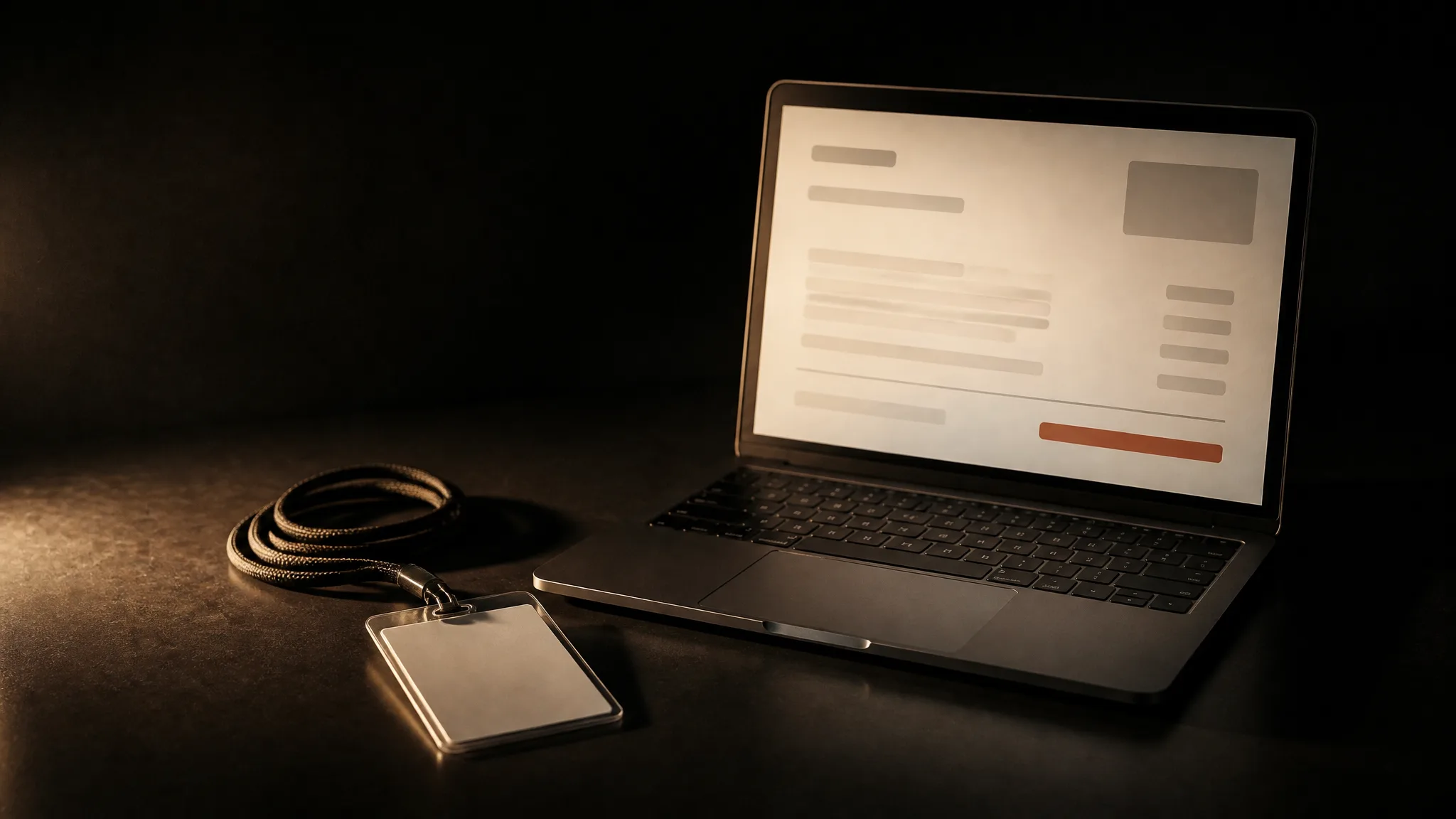 Credencial de empleado en blanco con su cinta junto a una laptop que muestra una factura con el total en terracota