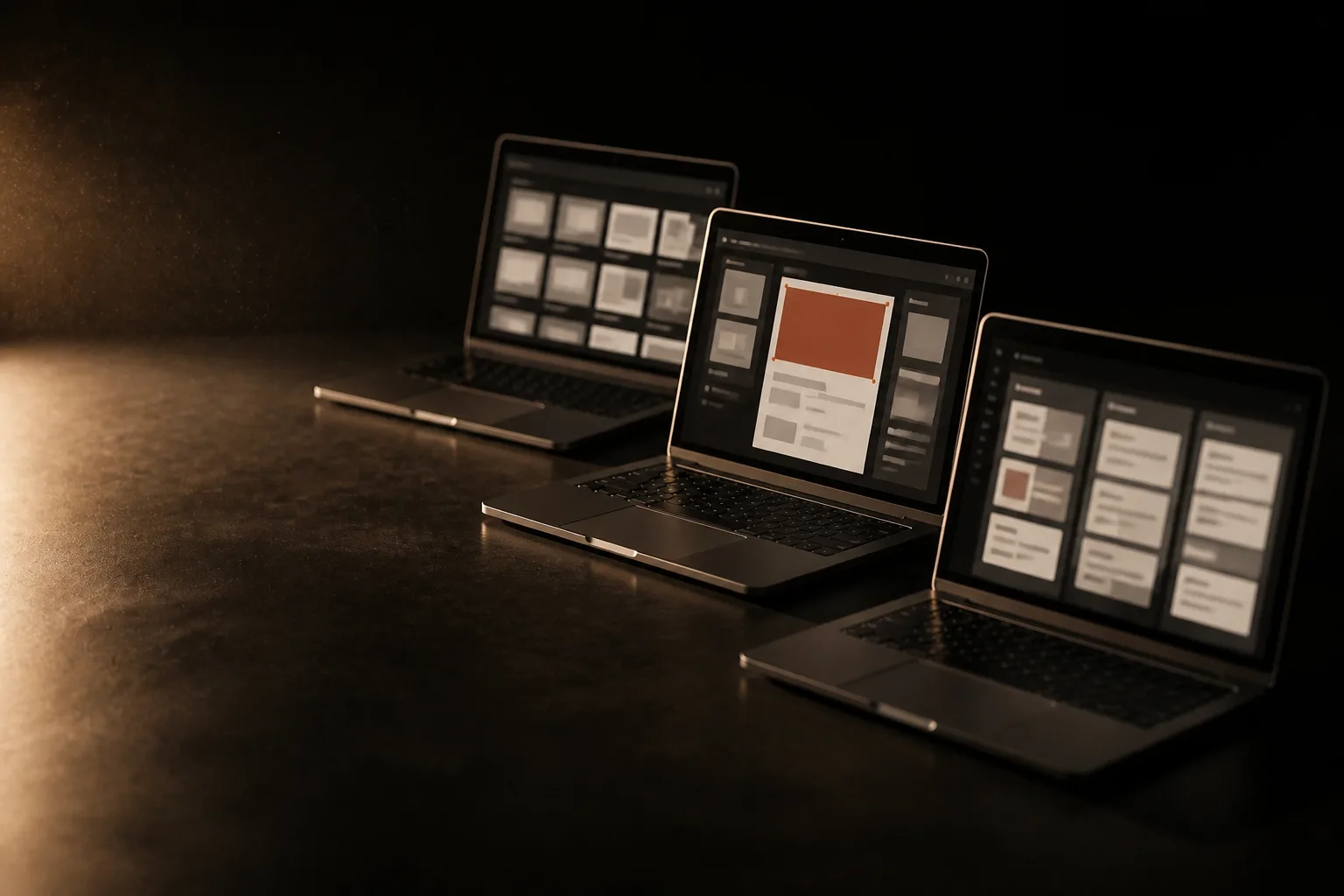 Tres laptops en fila: una con una galería de plantillas, otra con un lienzo de diseño y otra con un tablero de proyecto; la del medio tiene un acento terracota