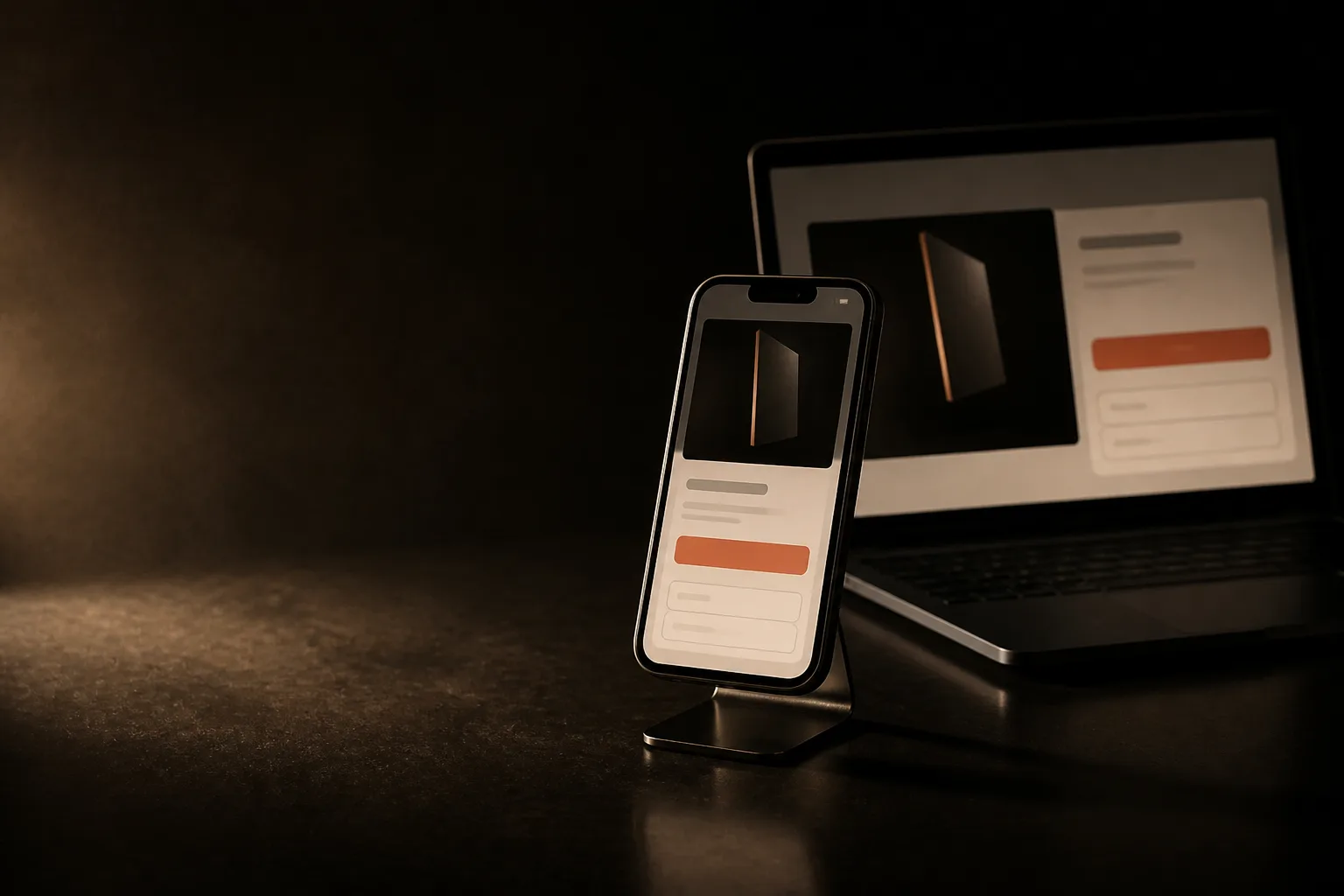 Teléfono con una landing page de un solo objetivo: imagen, dos renglones, un botón terracota grande y un formulario corto, junto a una laptop con la misma página