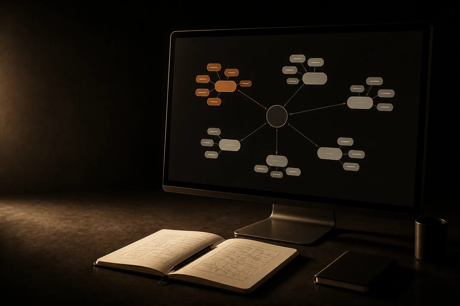 Monitor con un mapa de palabras clave: grupos de etiquetas unidos a páginas; un grupo está en terracota