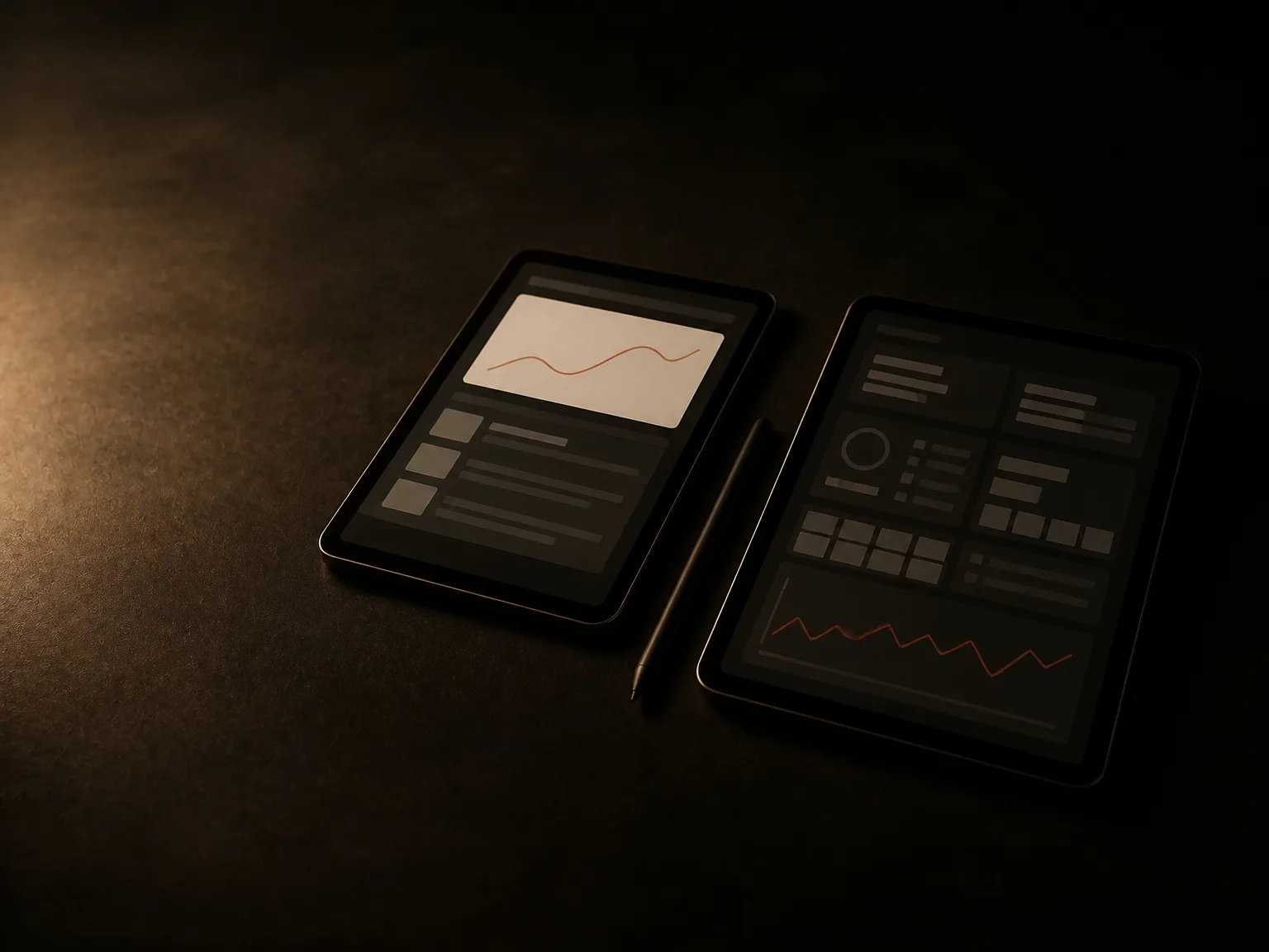 Dos tablets: una con un panel simple y otra con un tablero más completo con una línea terracota