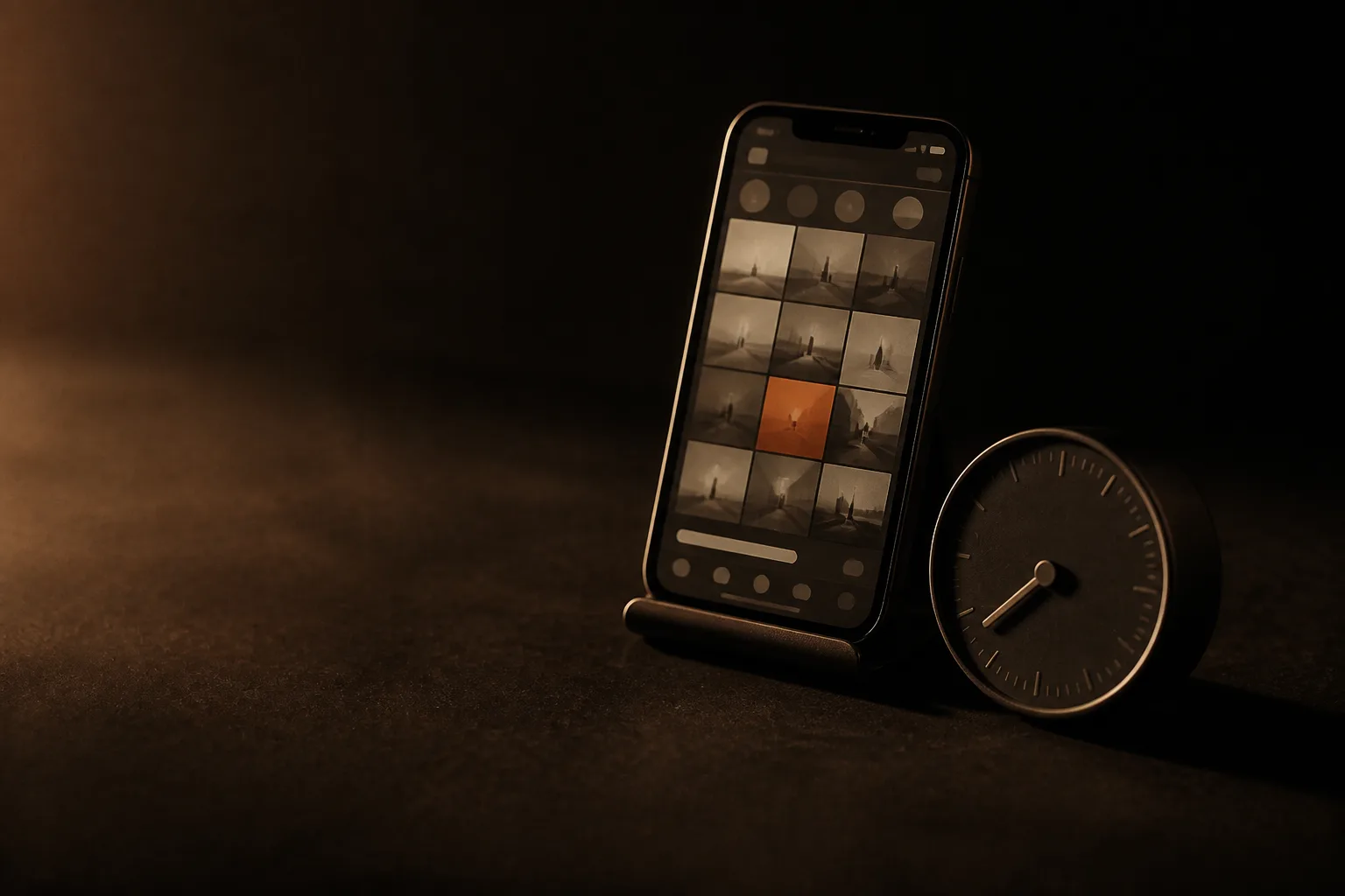 Teléfono con un feed de fotos en grilla junto a un reloj de escritorio; una de las fotos de la grilla es terracota