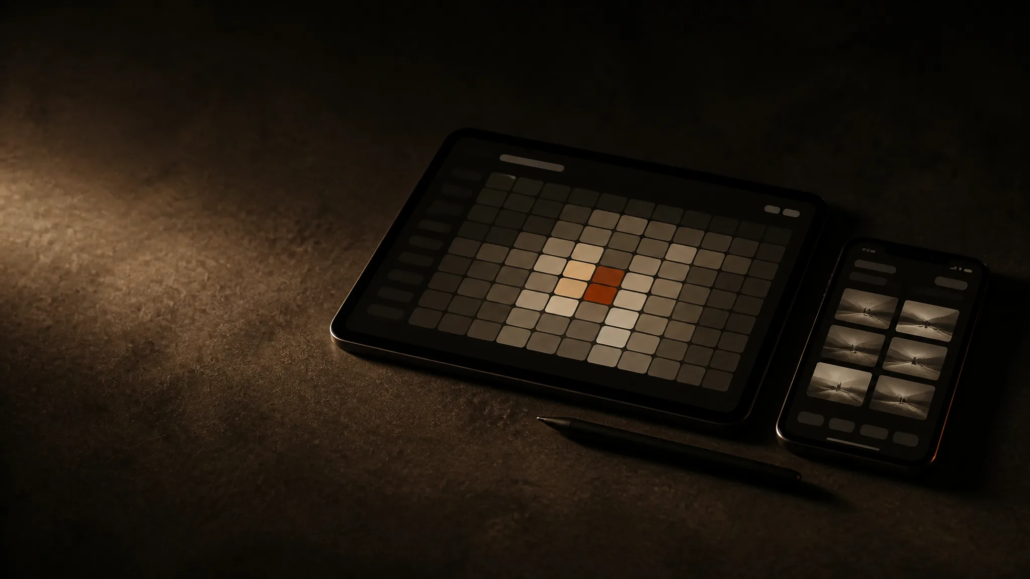 Tablet con un mapa de calor de días por horas; la casilla más activa es terracota, junto a un teléfono con un feed