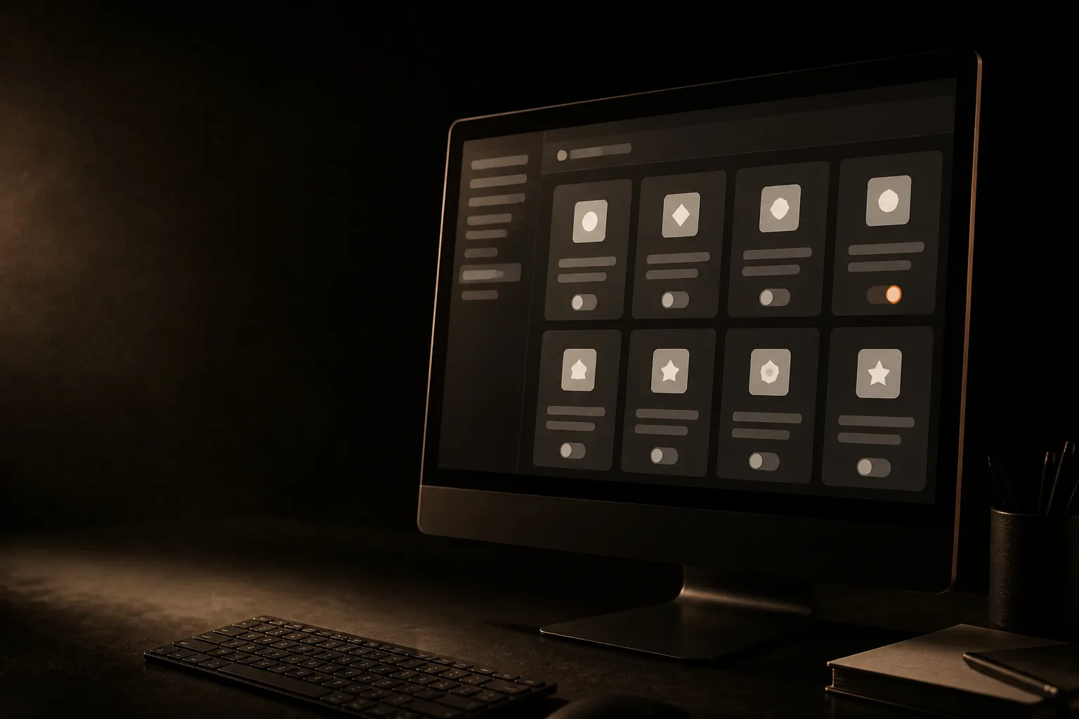Monitor con un panel de administración y tarjetas de complementos con interruptores; uno está encendido en terracota