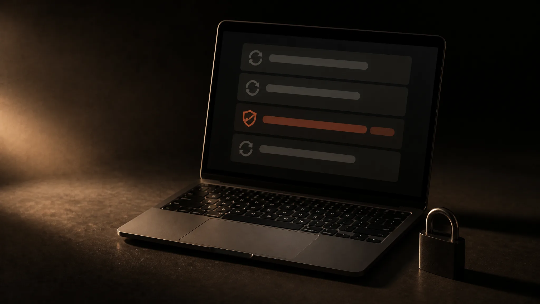 Laptop con una lista de actualizaciones y un escudo terracota, junto a un candado negro