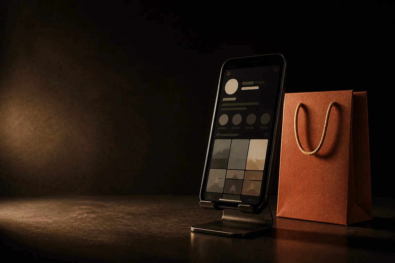 Teléfono con el perfil de un negocio junto a una bolsa de compras terracota sin marca