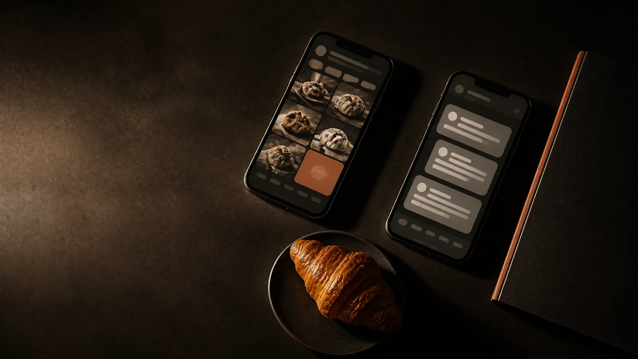 Dos teléfonos: uno con un feed de fotos de pan junto a un croissant y otro con publicaciones de texto junto a una carpeta; una foto del primero es terracota