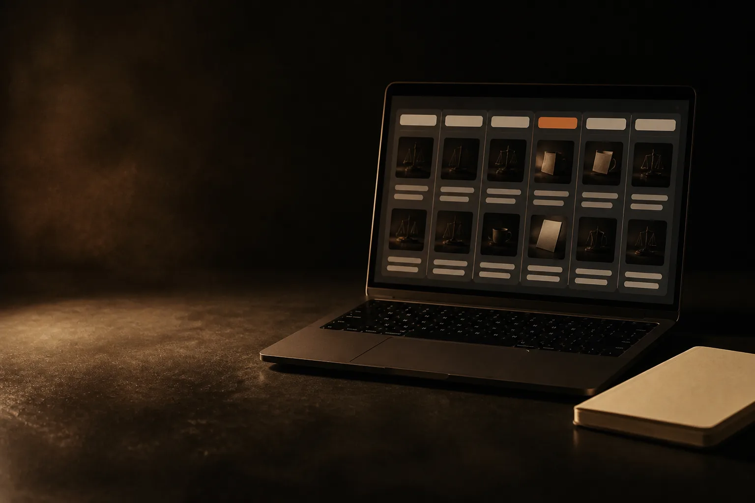 Laptop con una parrilla de contenido en columnas y filas con miniaturas; la cabecera de una columna es terracota