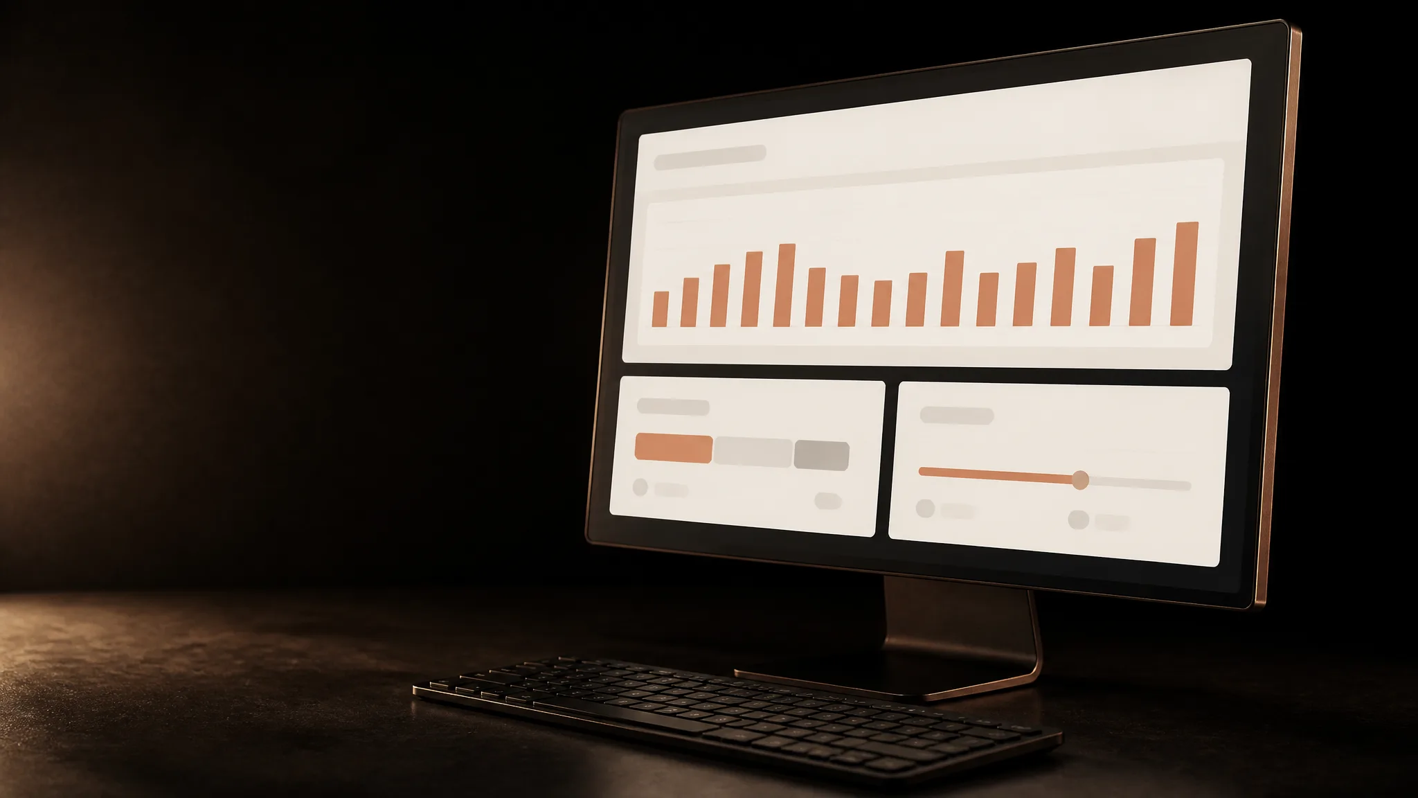 Monitor con el detalle de una palabra: barras de volumen mensual en terracota, un medidor de competencia y un rango de puja