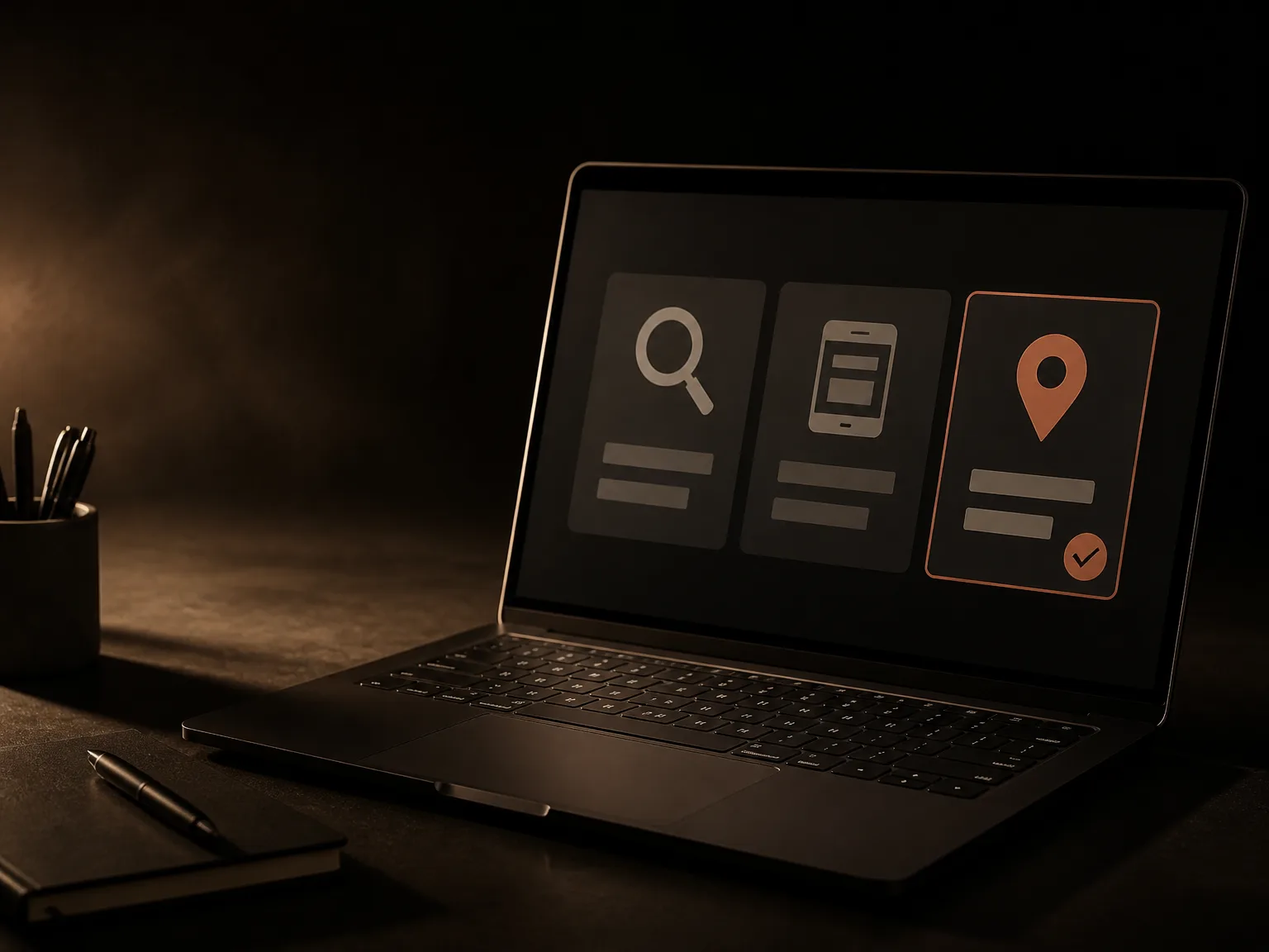 Laptop con tres opciones para empezar a anunciar: búsqueda, redes y mapas; una está elegida con borde terracota