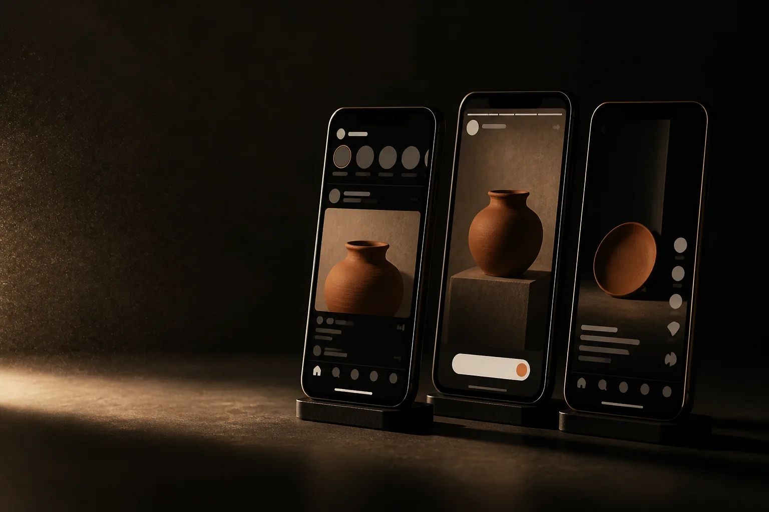 Tres teléfonos con anuncios en el feed, en historias y en videos verticales; cada anuncio lleva un acento terracota