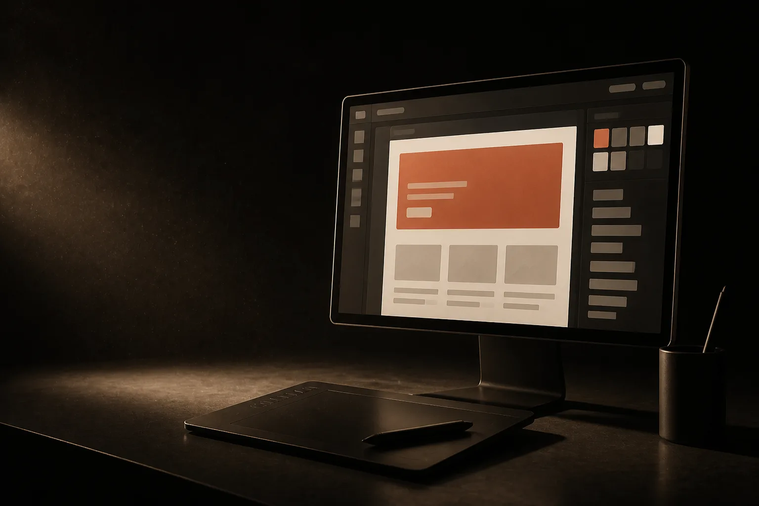 Monitor con un programa de diseño y la maqueta de una página con el bloque principal seleccionado en terracota