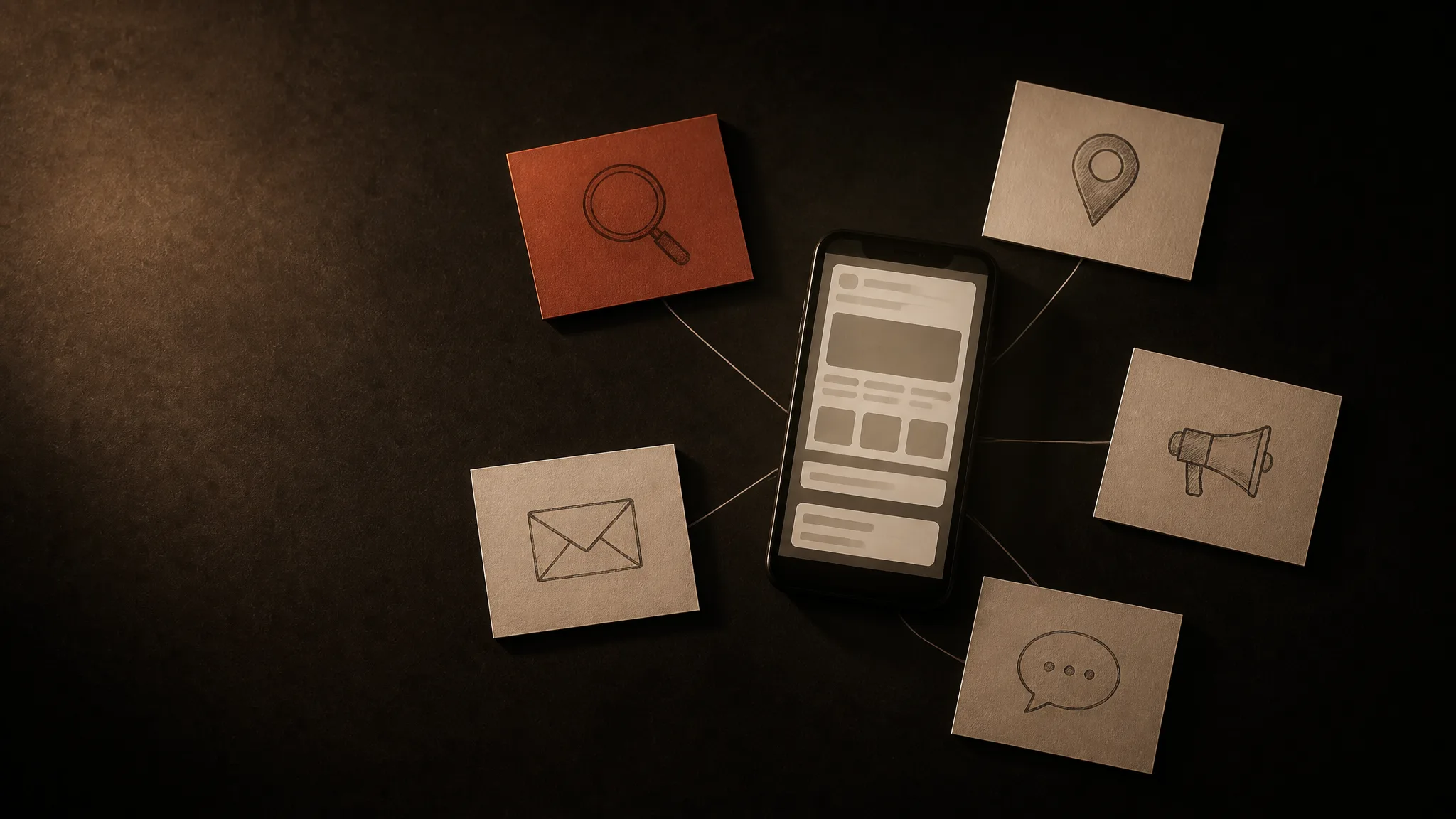 Teléfono al centro rodeado de cinco tarjetas con dibujos de canales: búsqueda, mapa, anuncio, correo y chat; una es terracota
