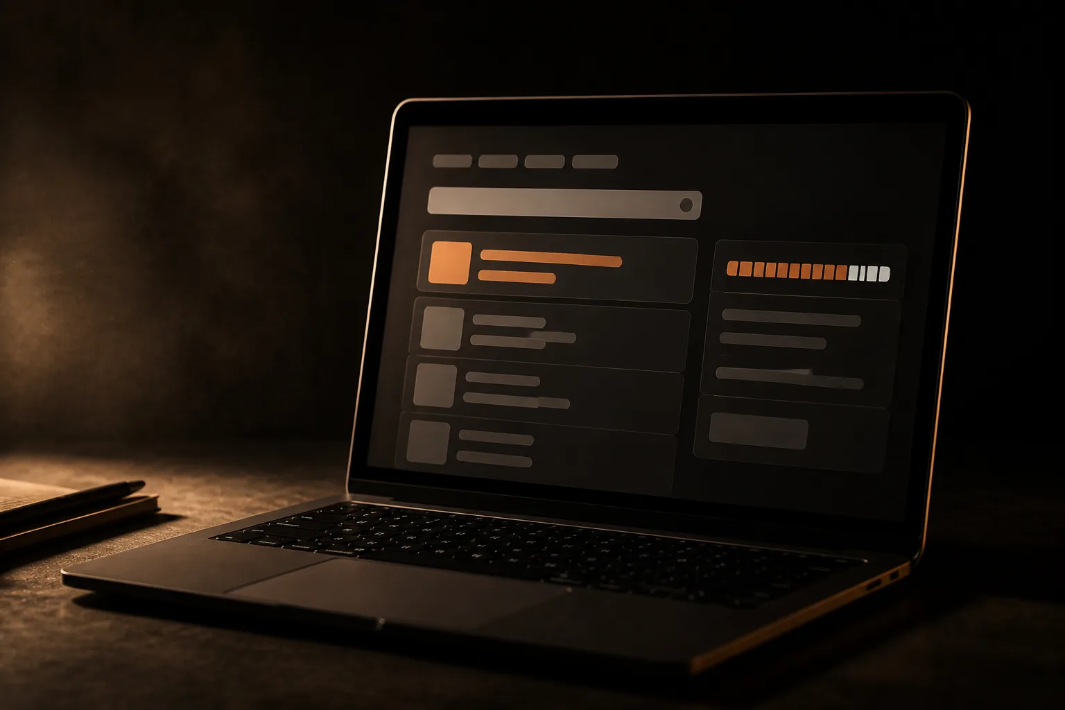 Laptop con resultados de búsqueda con un anuncio arriba y un medidor de diez segmentos, ocho en terracota