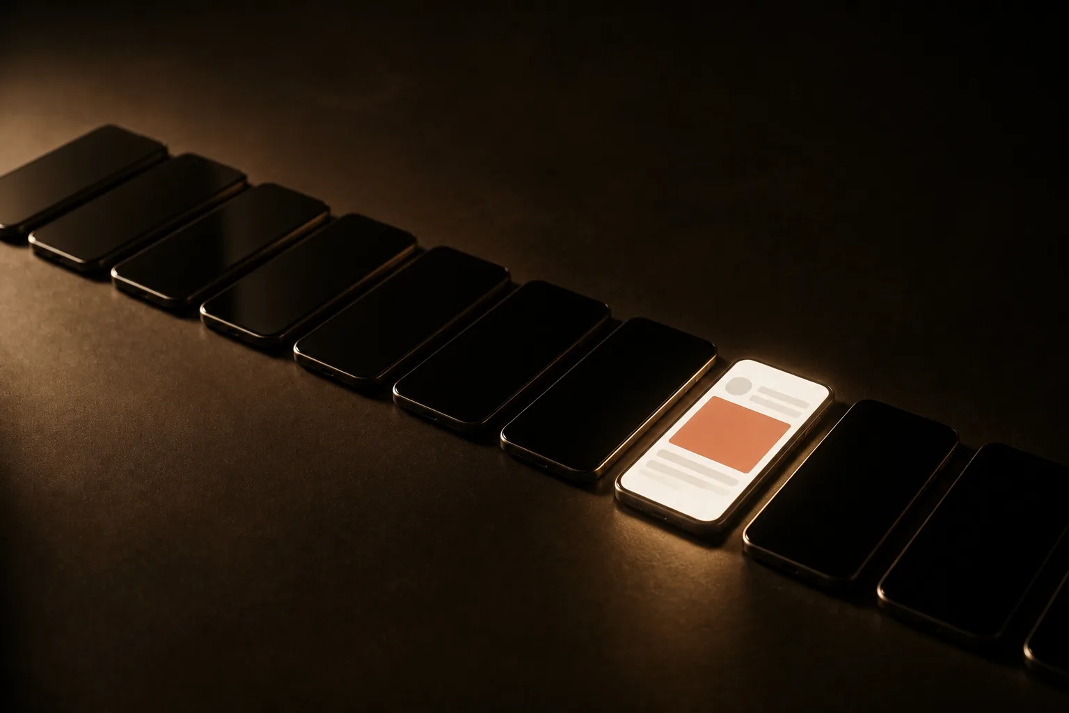 Fila de teléfonos apagados sobre una mesa; solo uno está encendido y muestra un anuncio en terracota
