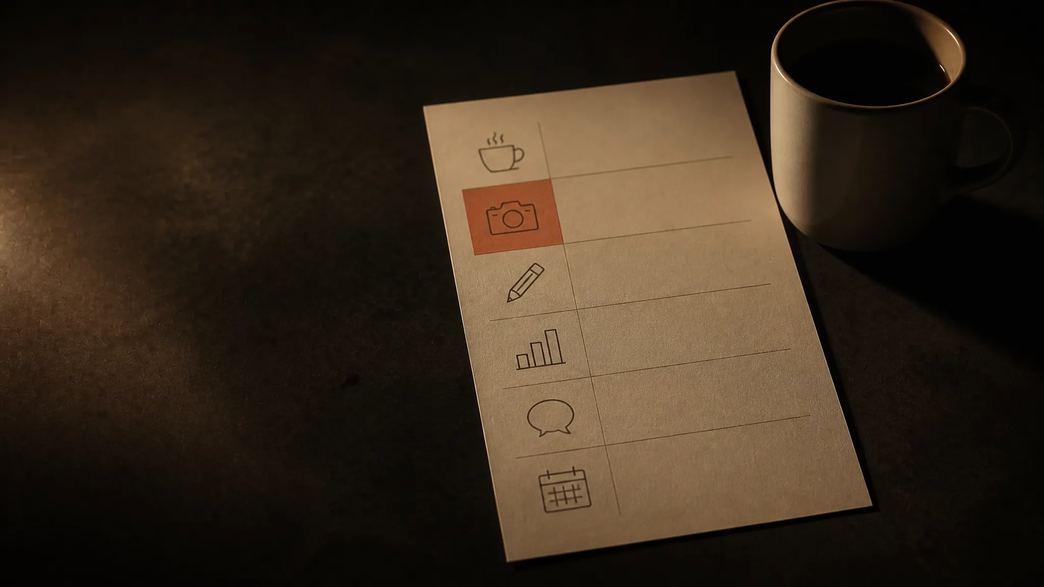 Hoja con la agenda de un día en seis bloques con dibujos; uno es terracota, junto a una taza