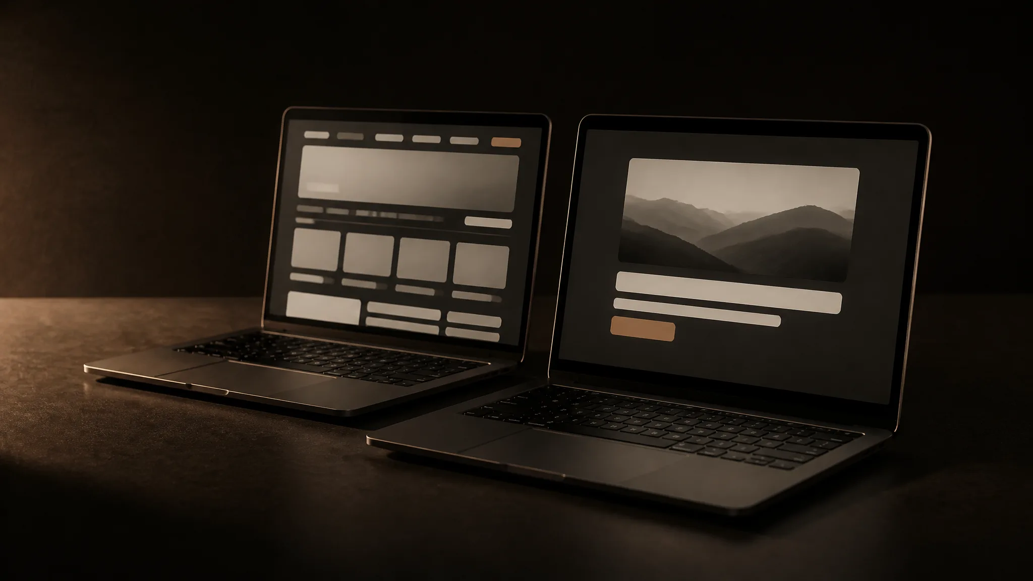 Dos laptops: una con un sitio de muchas secciones y menú, otra con una landing de un solo botón terracota
