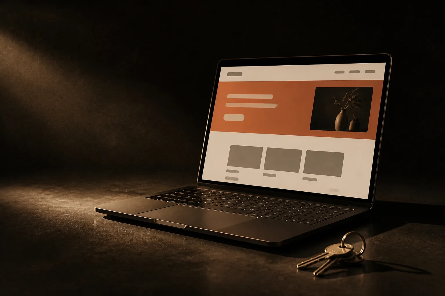 Laptop con la página de un negocio y el bloque principal en terracota, junto a un juego de llaves
