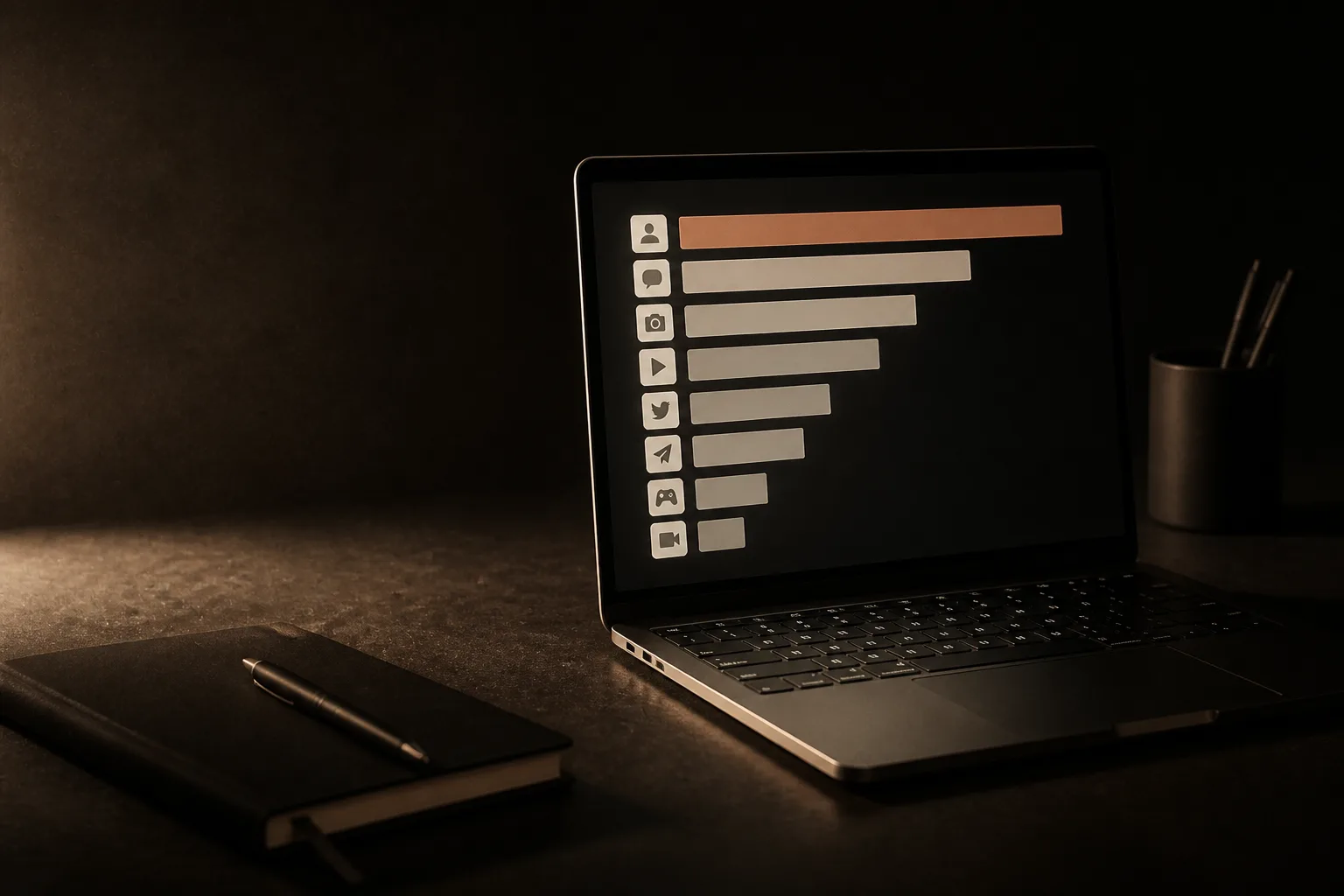 Laptop con un gráfico de barras horizontales de redes sociales con íconos genéricos; la barra más larga es terracota