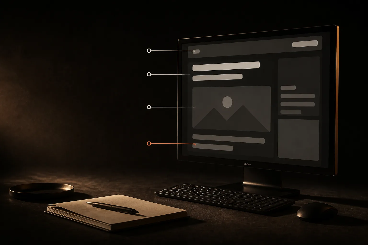 Monitor con una página y líneas que señalan título, encabezado, imagen y enlace; una señal es terracota