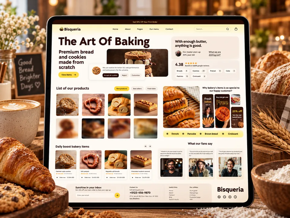 Sitio de una panadería en una tableta junto a panes y croissants