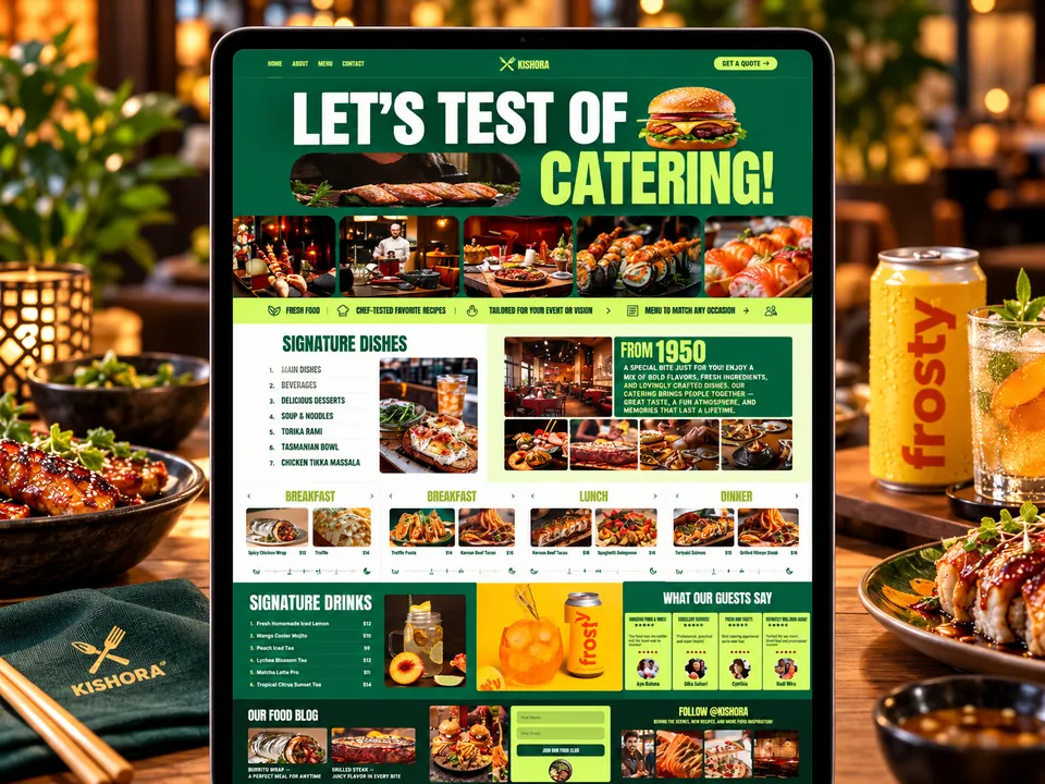 Sitio de un servicio de catering en una tableta junto a platos servidos