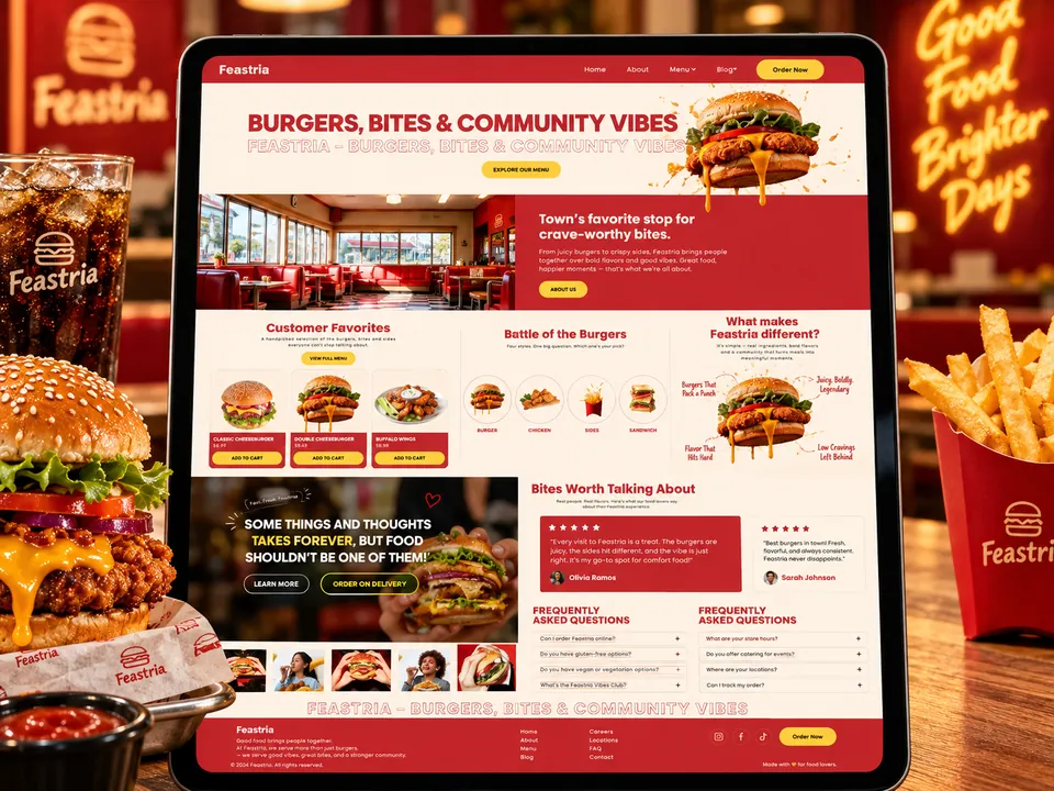 Sitio de una hamburguesería en una tableta junto a hamburguesas